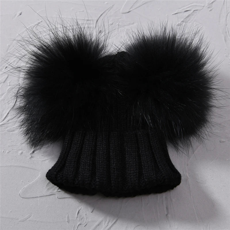 Gorro de punto para bebé de invierno con dos pompones de piel, gorro con bolas de piel natural para niños y niñas, gorro infantil con doble pompón de piel real