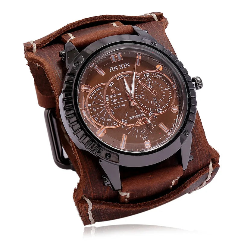 Reloj de pulsera de cuarzo para hombre 2025, reloj de moda con correa de piel de vacuno, estilo punk vintage, reloj grande y redondo con brazalete de piel auténtica ancha