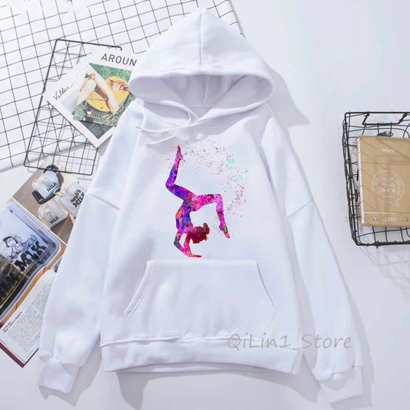Bluza z kapturem w stylu Harajuku Kawaii z akwarelowym nadrukiem gimnastyczki, styl lat 90. Tumblr, odzież sportowa damska