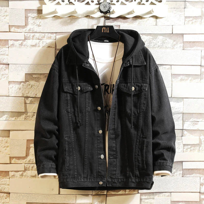 Chaqueta vaquera con capucha para hombre, estilo casual, chaqueta de mezclilla urbana, color sólido, cuello vuelto, abrigo de mezclilla con capucha desmontable.