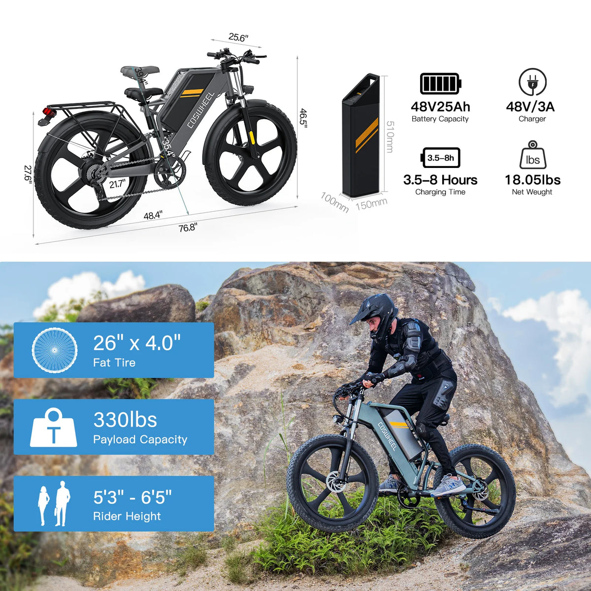 Nueva bicicleta eléctrica plegable ligera COSWHEEL T26, 48V 15Ah 25Ah, 750W 1000W 1500W, bicicleta eléctrica de 26 pulgadas