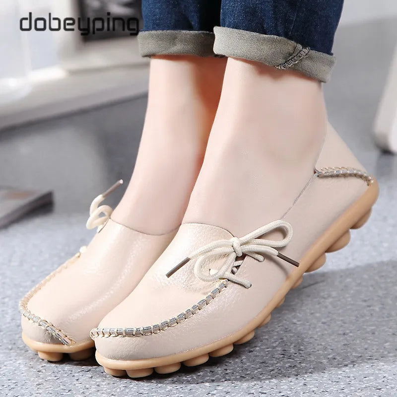New Moccasins Women Flats 2026 Autumn Woman Loafers Genuine Leather Female Shoes Slip on Ballet Bowtie Women's Shoe Size 35-44