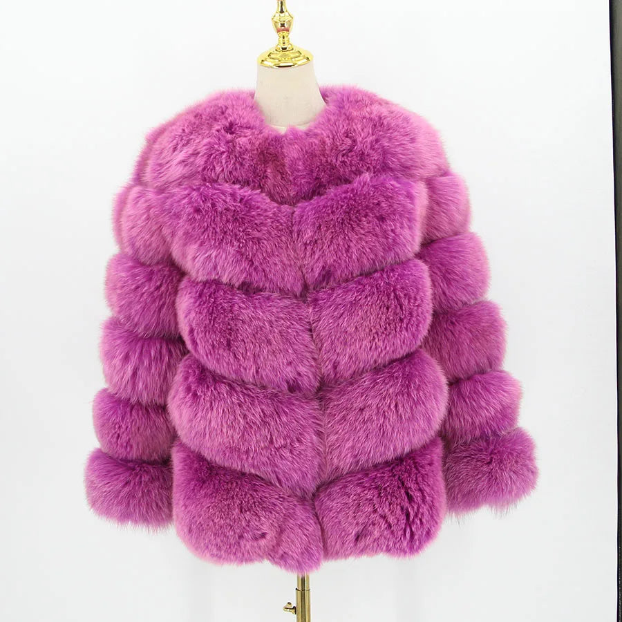 Pink Java QC8066  High Quality Women  Real Fox Fur Coat Wihter Warm Thick Fox Fur Jacket Genuine Fur  Short Coat Long Sleeves