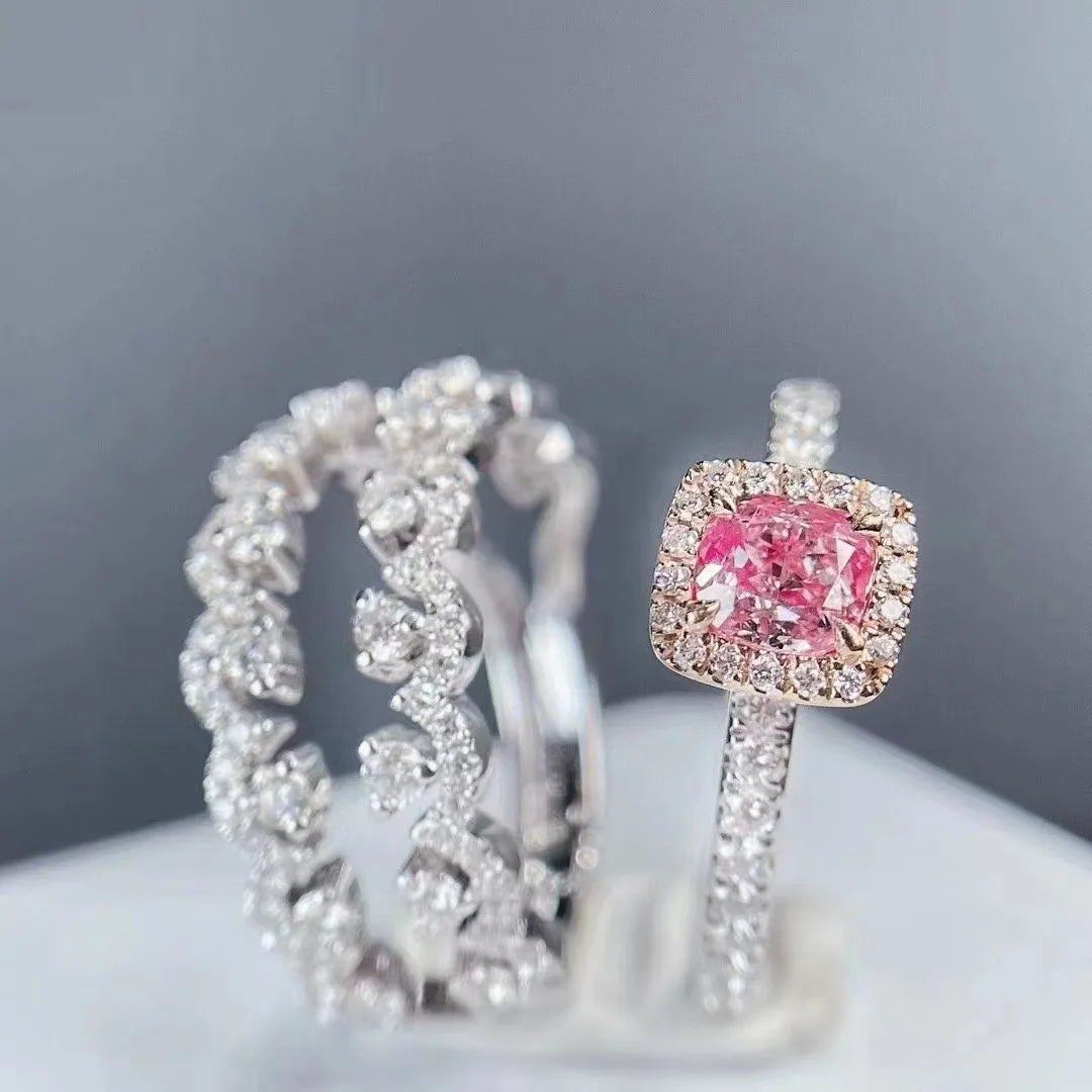 Pierścionek z certyfikowanym diamentem SGARIT, 18-karatowe złoto, diament naturalny o szlifie cushion, barwa jasny różowobrązowy, czystość SI1, 0,51 CT, zestaw pierścionków modułowych