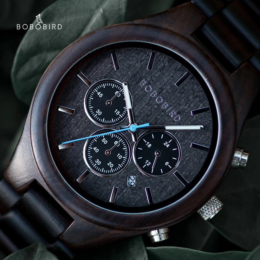 Reloj de pulsera cronógrafo BOBO BIRD para hombre, de madera, cuarzo, con fecha automática, cronómetro, multifuncional, Relogio Masculino personalizado