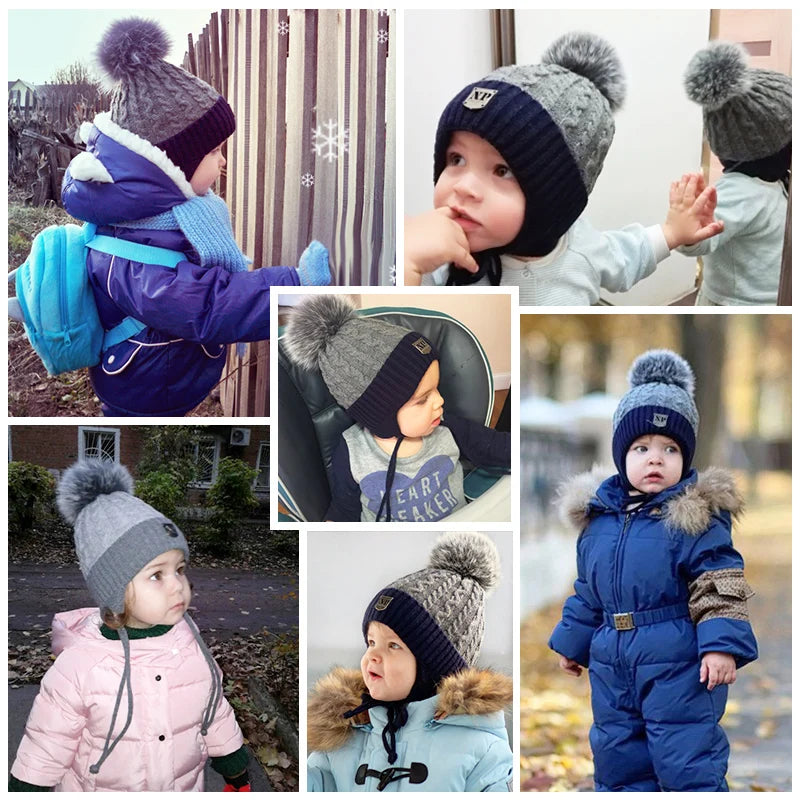 ENJOYFUR Warm Winter Baby Knitted Hats Real Fur Pompom Fleece Lined Boy Caps Cute Thick Kids Elastic Earflap Outdoor Ski Beanies