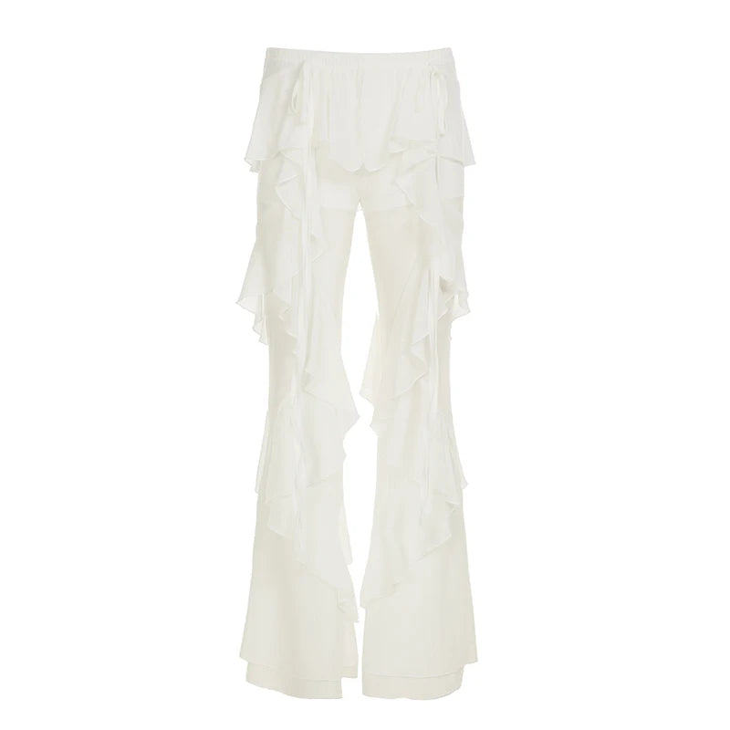 Women's White Ruffle Flare Pants Low Rise Loose Fit Bohemian Summer Chiffon Full Length Breathable Solid Color Trousers
