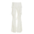 Women's White Ruffle Flare Pants Low Rise Loose Fit Bohemian Summer Chiffon Full Length Breathable Solid Color Trousers