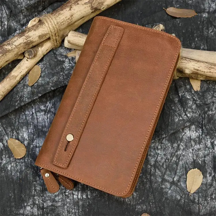 Luxury Double Zipper Women Men Long Wallet Vintage Leather Male Clutch Purse Man Phone Card Coin 100% Genuine Leather Men Wallet
