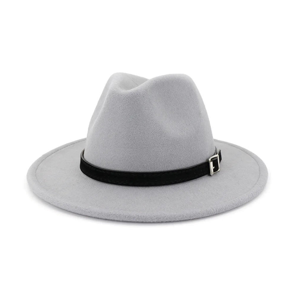 QBHAT Men Women Wide Brim Wool Felt Fedora Panama Hat With Belt Buckle Jazz Trilby Cap Party Formal Top Hat in White,black