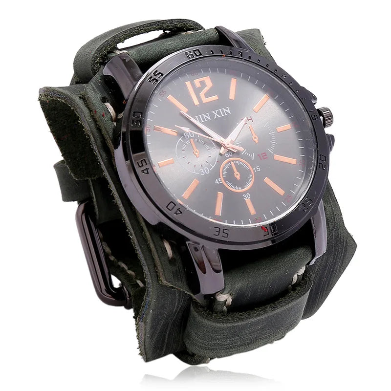 Reloj de pulsera de cuarzo para hombre 2025, reloj de moda con correa de piel de vacuno, estilo punk vintage, reloj grande y redondo con brazalete de piel auténtica ancha