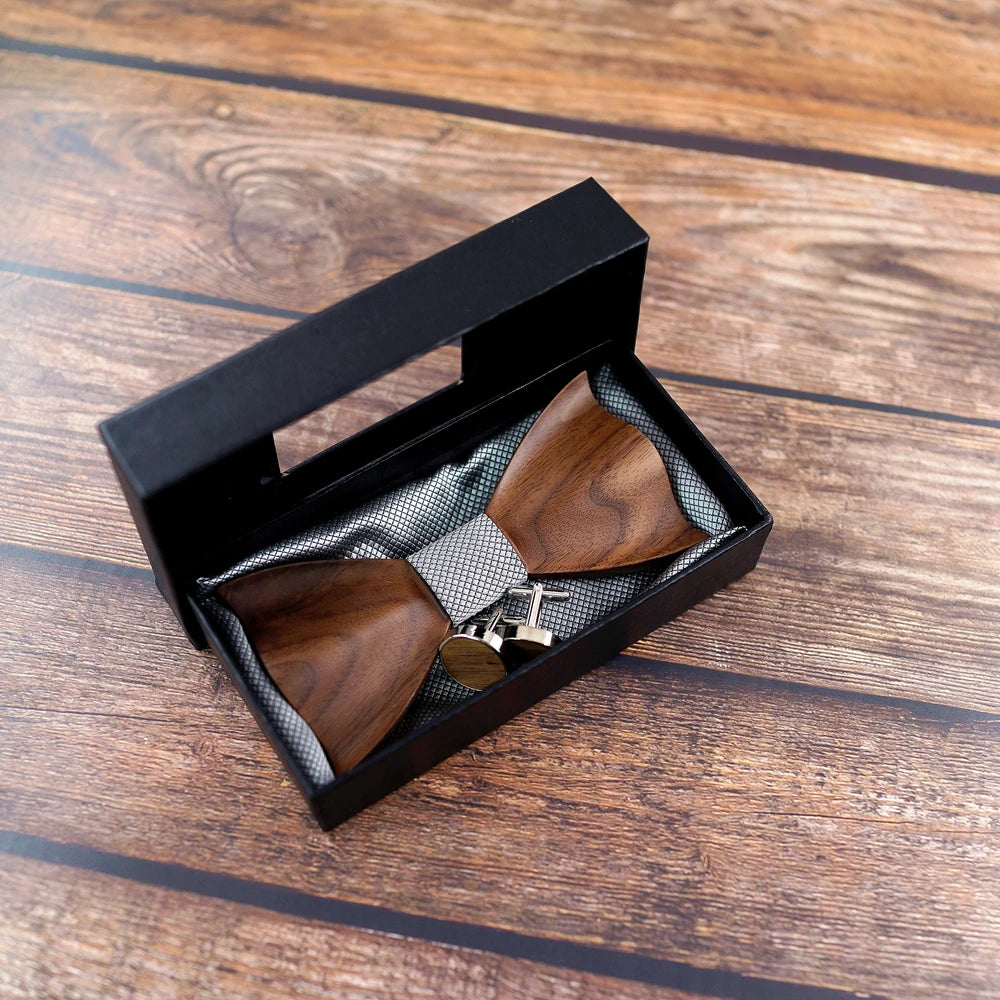 Set de pajarita de madera en 3D para hombre, pajarita geométrica hecha a mano, pañuelo de bolsillo y gemelos para boda