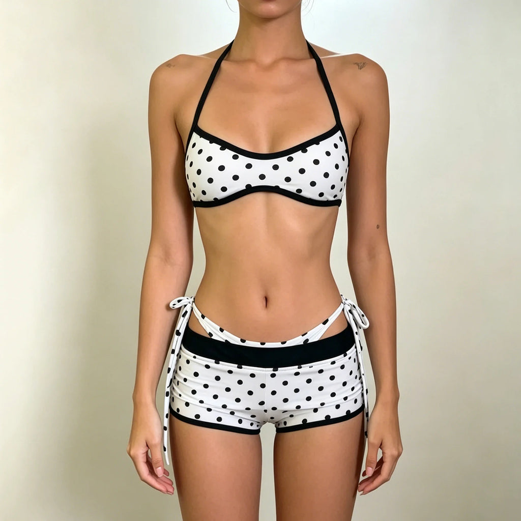 Hot Y2K Plaid V-Neck Halter 3-Piece Above-Knee Bikini Set Sweating Top Breathable Stretch Tie-Side Shorts Tie Dye Women