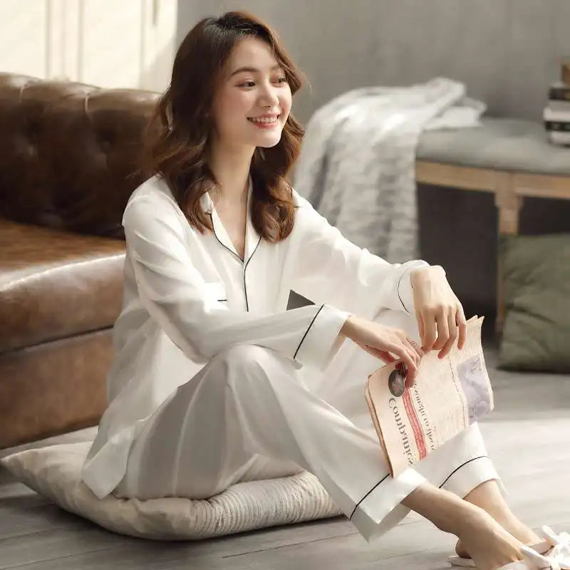 Solid Color Sleepwear Silk Satin Pajamas Couple Set Long Button-Dow