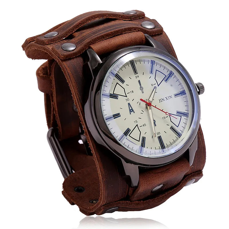 Reloj de pulsera de cuarzo para hombre 2025, reloj de moda con correa de piel de vacuno, estilo punk vintage, reloj grande y redondo con brazalete de piel auténtica ancha