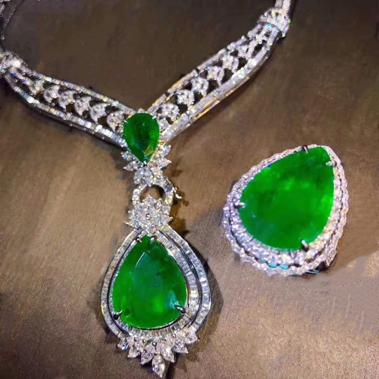 Joyería de gema preciosa para boda, personalizada, real, con precio, de oro de 18k, juego de collar y anillo con colgante de esmeralda natural verde
