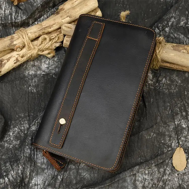 Luksusowy portfel damski i męski z podwójnym zamkiem, długi, skórzany w stylu vintage, kopertówka, etui na telefon, karty i monety, 100% prawdziwa skóra, portfel męski