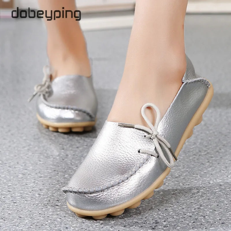 New Moccasins Women Flats 2026 Autumn Woman Loafers Genuine Leather Female Shoes Slip on Ballet Bowtie Women's Shoe Size 35-44