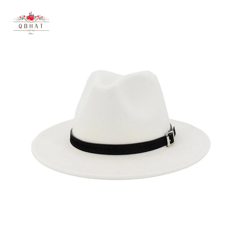 QBHAT Men Women Wide Brim Wool Felt Fedora Panama Hat With Belt Buckle Jazz Trilby Cap Party Formal Top Hat in White,black