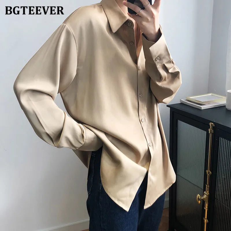 BBTEEVER 2020 Nouveau chemisier chic en satin pour femme, manches longues, col rabattu, élégant, pour le travail ou le bureau
