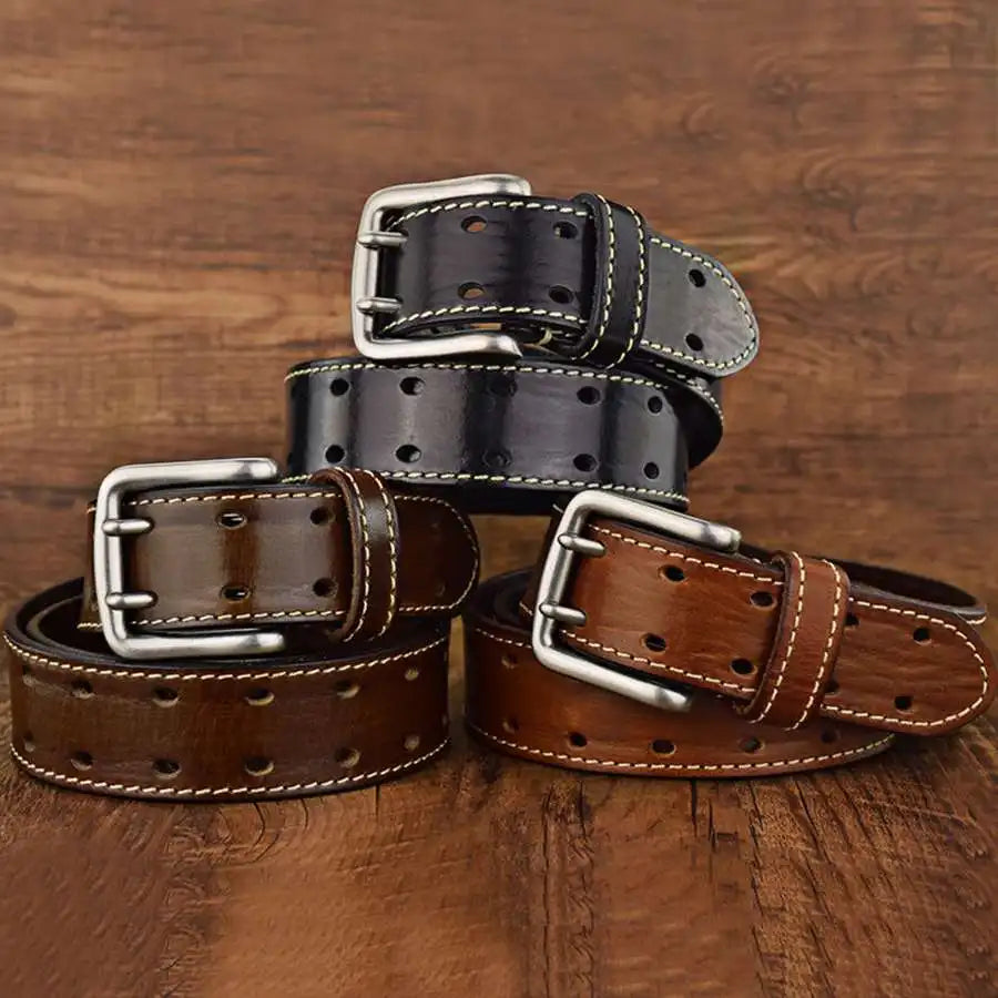 Cinturón de cuero de doble hebilla para hombre, cinturones de cuero nuevos para hombre, cinturón clásico de doble hilera de agujeros, cinturón universal calado para vaqueros