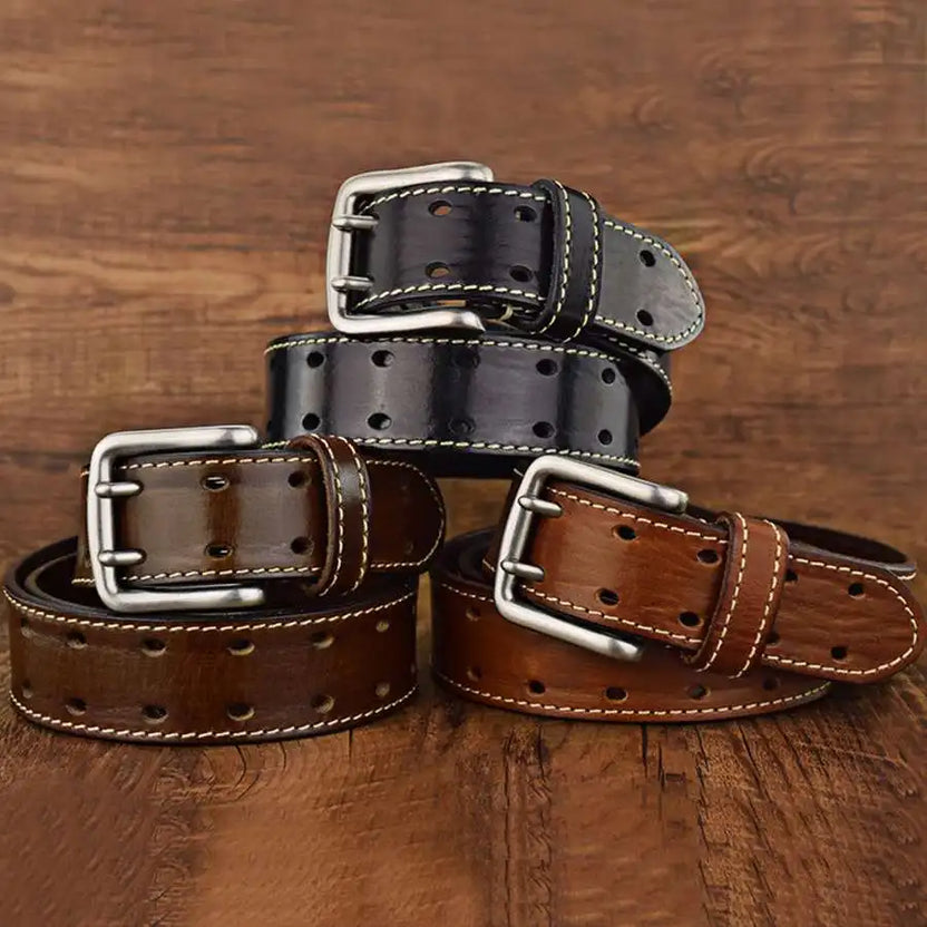 Men's Leather Double Prong Belt New Leather Belts for Men Classic Double Row Hole Belt Universal Hollowed Out Belt Jeans