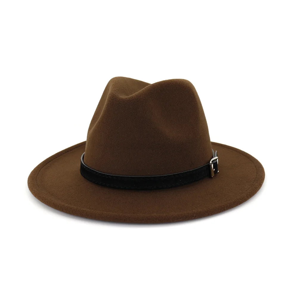 QBHAT Men Women Wide Brim Wool Felt Fedora Panama Hat With Belt Buckle Jazz Trilby Cap Party Formal Top Hat in White,black