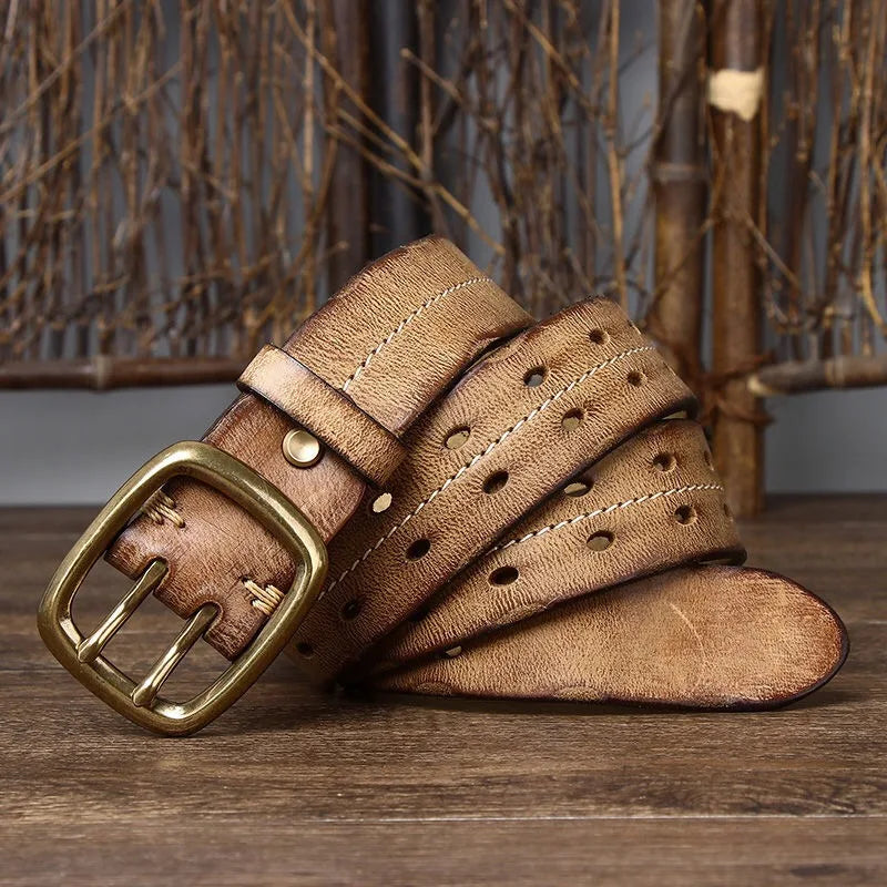 Cinturón vintage para hombre de 3.8 cm de ancho, estilo doble hebilla, 100% piel de vaca, hebilla de doble punta, cinturón resistente hecho a mano, cinturón de moda para jeans, color marrón