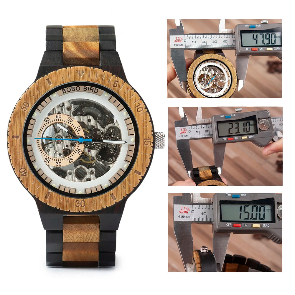 BOBO BIRD Wooden Mechanical Automatic Wristwatch for Men with Luminous Hands