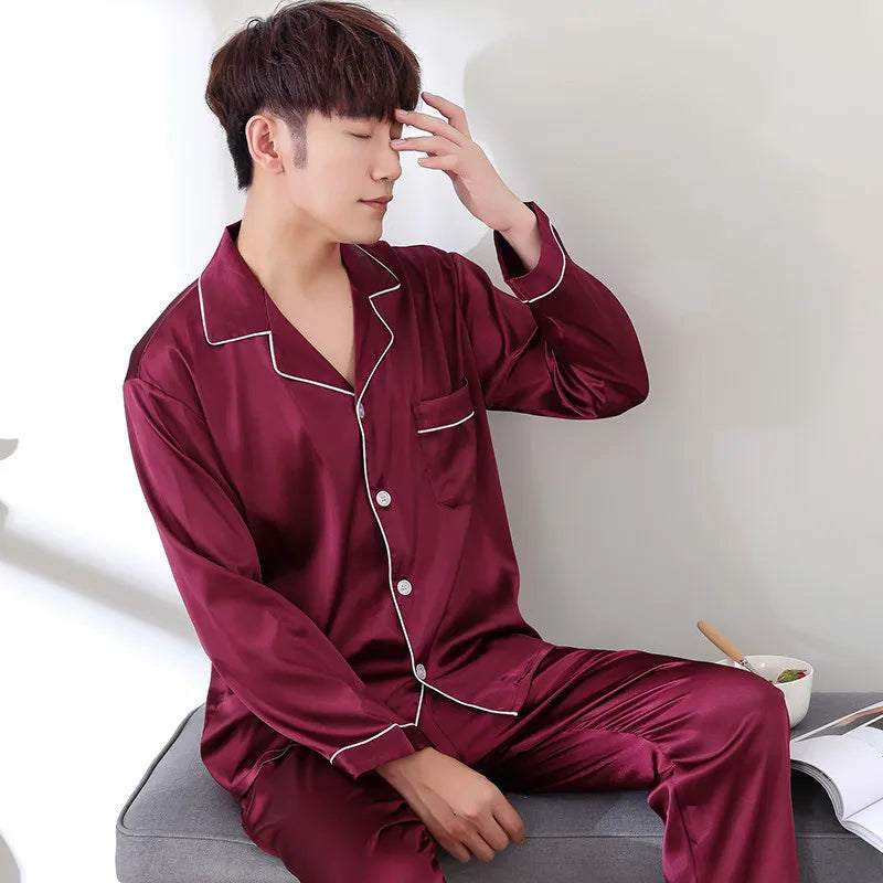 Solid Color Sleepwear Silk Satin Pajamas Couple Set Long Button-Dow