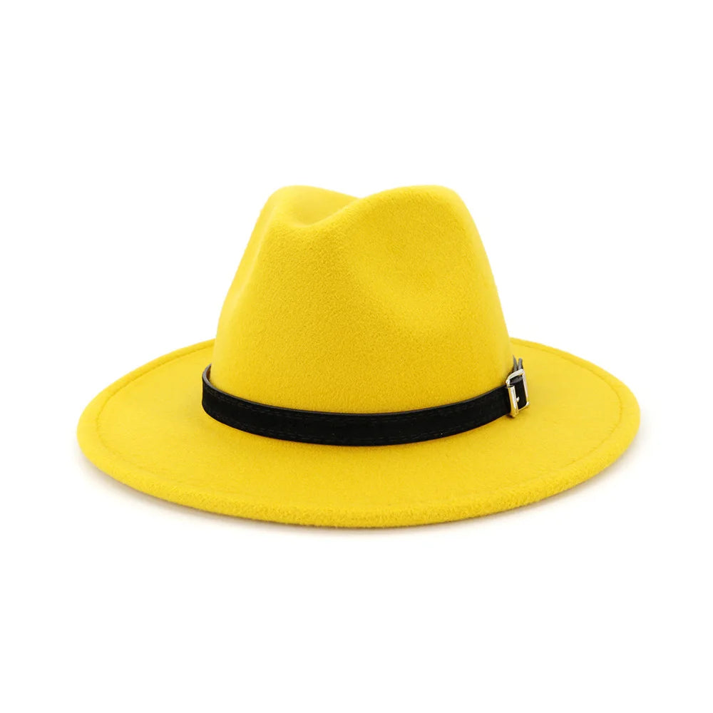 QBHAT Men Women Wide Brim Wool Felt Fedora Panama Hat With Belt Buckle Jazz Trilby Cap Party Formal Top Hat in White,black