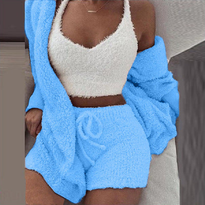 Knit Sleepwear Pajamas for Women's Lingerie 3 Piece Set