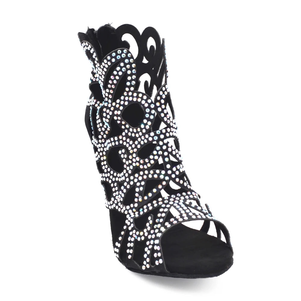 Zapatos de baile latino y salsa para mujer Evkoodance, parte superior de satén, suela de ante, tacón de 8.3 cm