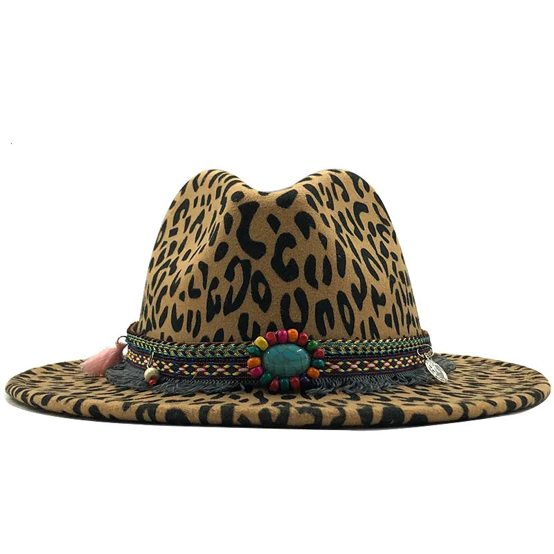 Trend Unisex Flat Brim Wool Felt Jazz Fedora Hats Men Women Leopard Grain Tassel Band Decor Trilby Panama Formal Hats 58-60cm