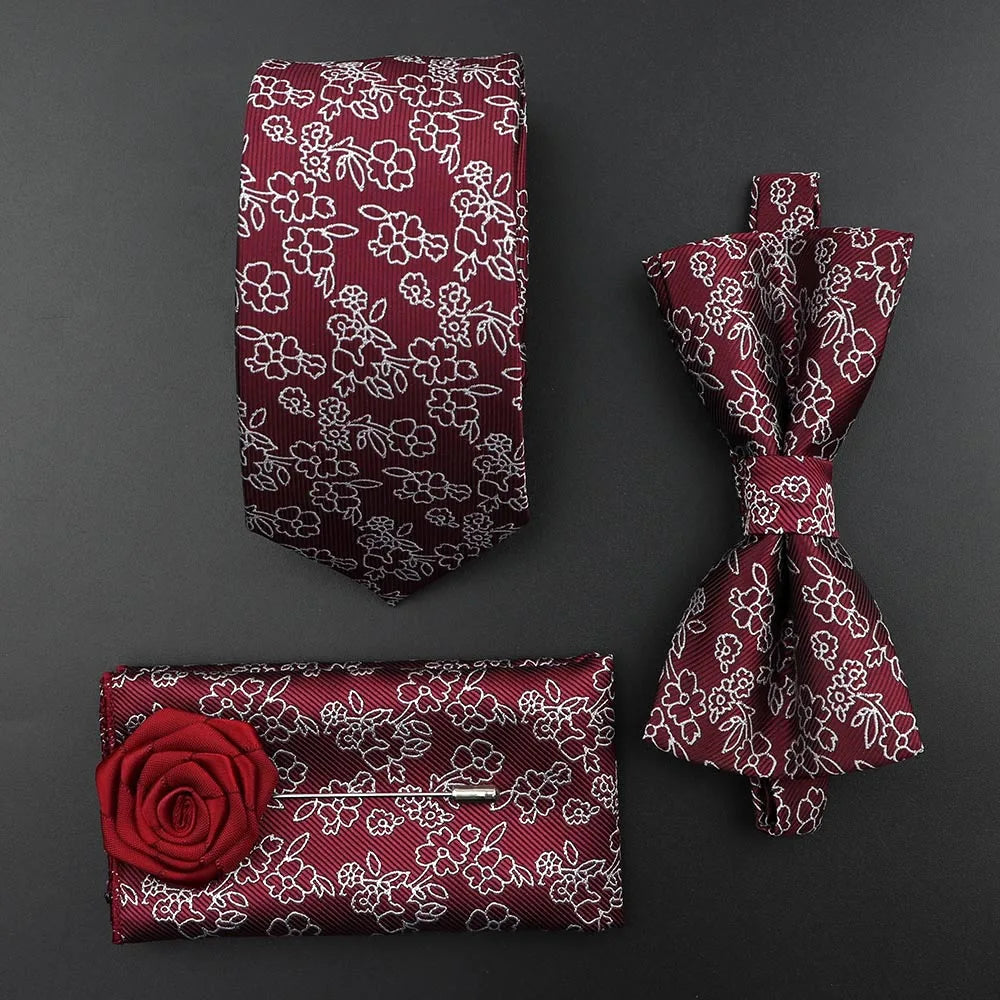 New Solid Color Silk Men Tie Set Polyester Jacquard Woven Necktie Bowtie Suit Vintage Red Blue for Groom Business Wedding Party