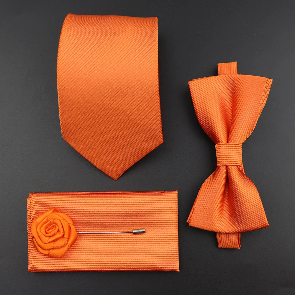 New Solid Color Silk Men Tie Set Polyester Jacquard Woven Necktie Bowtie Suit Vintage Red Blue for Groom Business Wedding Party