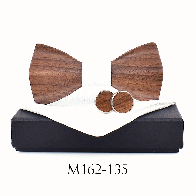 3D Wooden Bow Tie Set for Men Handmade Geometric Wedding Bowtie Pocket Square Cufflinks