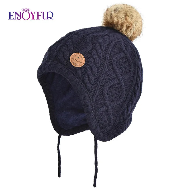 Gorro de punto de invierno ENJOYFUR para niños y niñas con pompón de piel de zorro natural, gorro cálido y grueso con orejeras para bebé