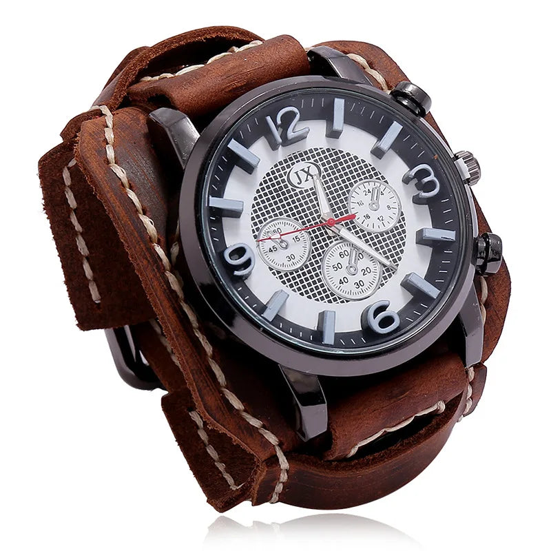 Reloj de pulsera retro para hombre, correa ancha de cuero genuino, reloj de cuarzo de estilo punk a la moda, brazaletes de piel de vaca 2025