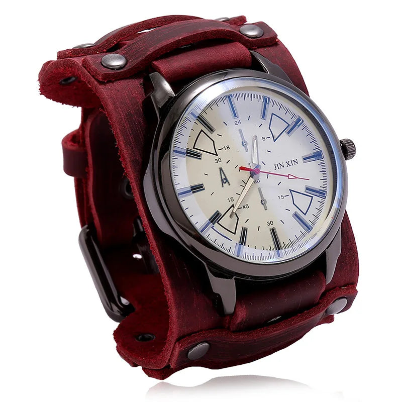 Reloj de pulsera de cuarzo para hombre 2025, reloj de moda con correa de piel de vacuno, estilo punk vintage, reloj grande y redondo con brazalete de piel auténtica ancha