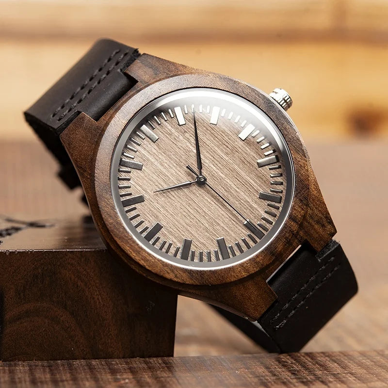 BOBO BIRD Wooden Quartz Watch for Men with Leather Band and Custom Engraving