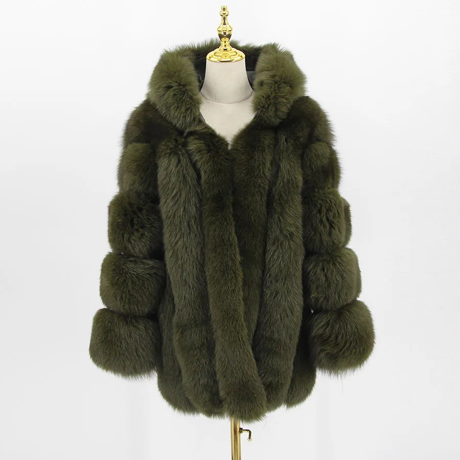 Pink Java QC8149 2018 New Model Women Real Fox Fur Coat Long Sleeves Hood Coat Genuine Fox Outfit High Quality