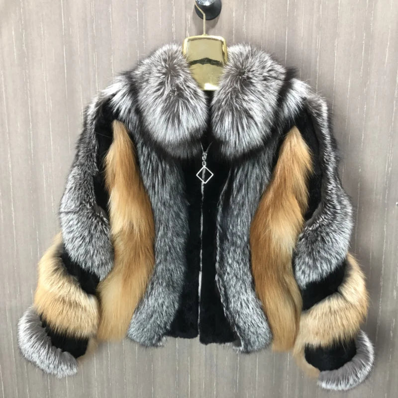 Chaqueta de piel de zorro real para mujer, cálida y elegante para el invierno