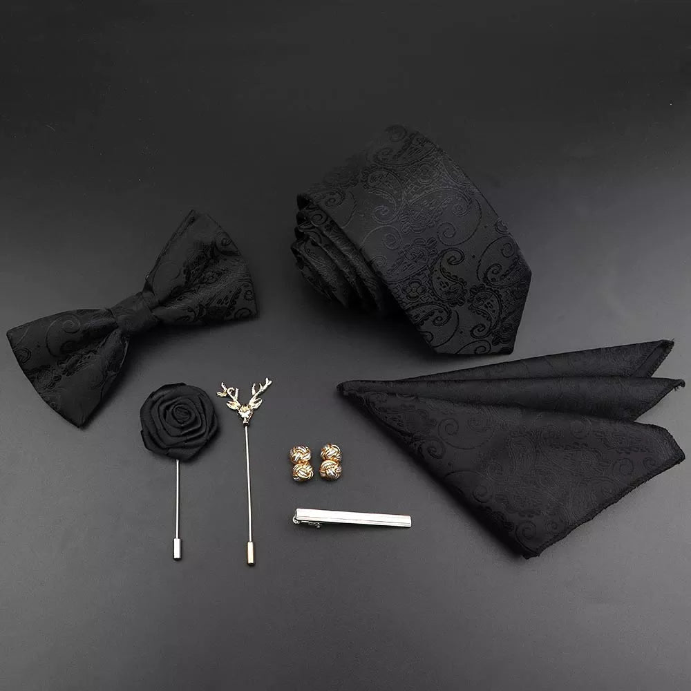 New Solid Color Silk Men Tie Set Polyester Jacquard Woven Necktie Bowtie Suit Vintage Red Blue for Groom Business Wedding Party