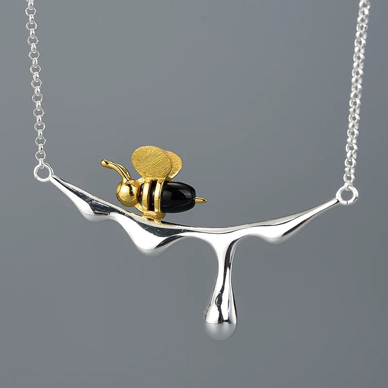 Lotus Fun 18K guld bi- och honungsdroppe-halsband, äkta 925 sterlingsilver, handgjorda lyxiga designersmycken för kvinnor
