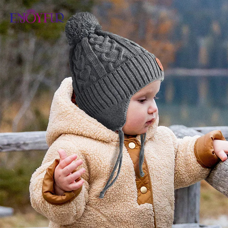 ENJOYFUR Warm Winter Baby Knitted Hats Real Fur Pompom Fleece Lined Boy Caps Cute Thick Kids Elastic Earflap Outdoor Ski Beanies