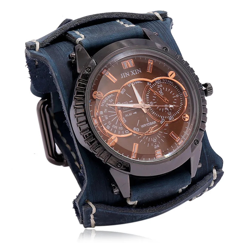 Nuevo reloj de moda para hombre, reloj de cuarzo de lujo con esfera grande para parejas, reloj deportivo con pulsera punk de cuero auténtico, regalo para hombre