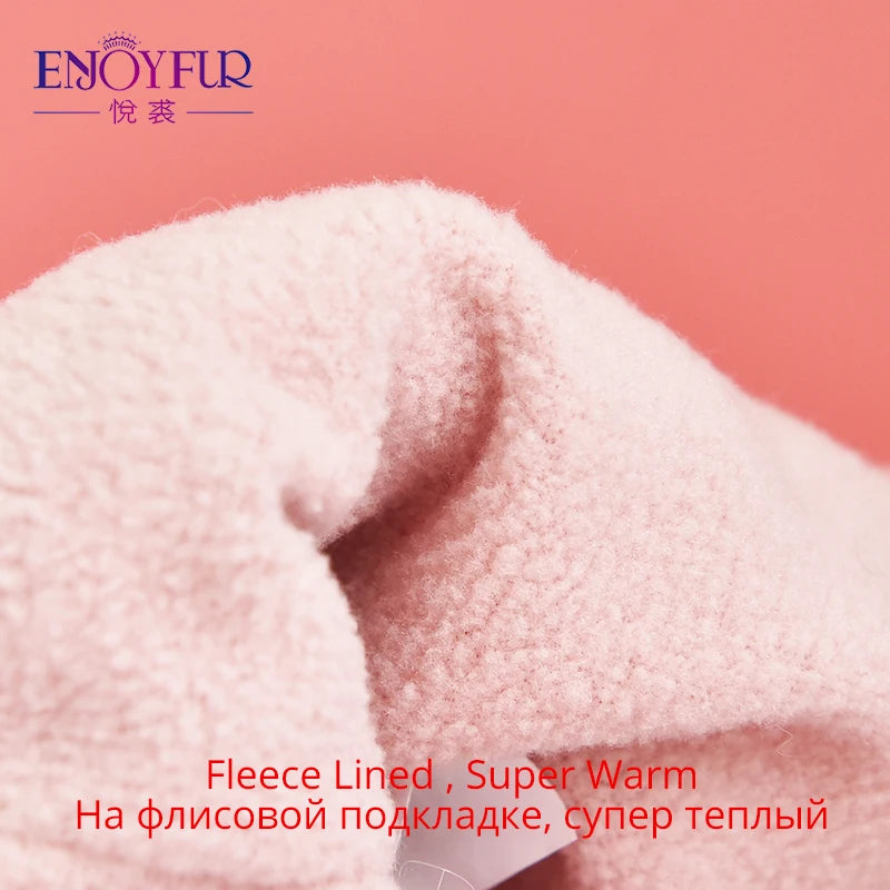Gorro de punto de invierno ENJOYFUR para niños y niñas con pompón de piel de zorro natural, gorro cálido y grueso con orejeras para bebé