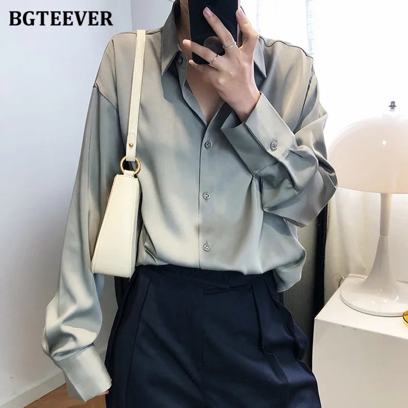 BBTEEVER 2020 Nouveau chemisier chic en satin pour femme, manches longues, col rabattu, élégant, pour le travail ou le bureau