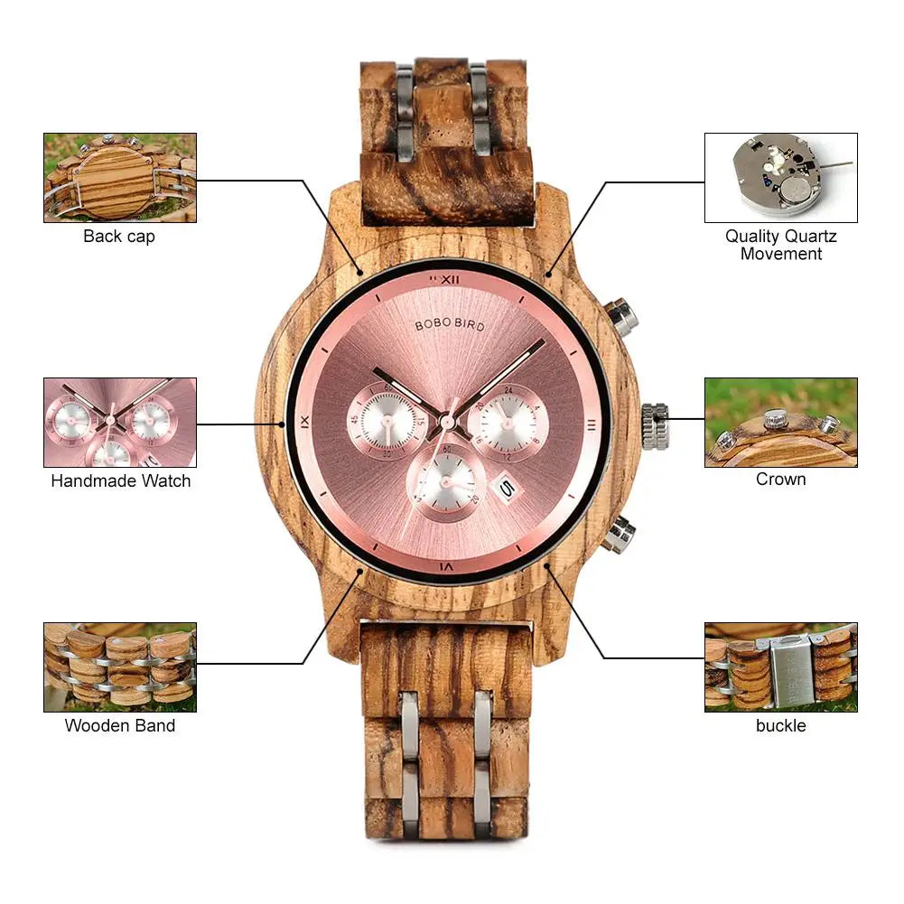 Women's Watch BOBO BIRD Ladies Watches Wood Metal Chronograph Wristwatch Customize Logo Christmas Gift Box Relogio